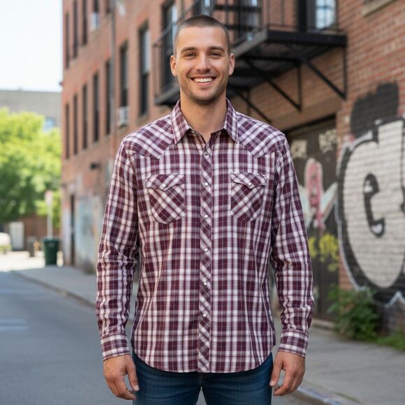 Wrangler Shirt Men's Red White Western Pearl Snap Long Sleeve Plaid Casual XXL - Picture 1 of 9